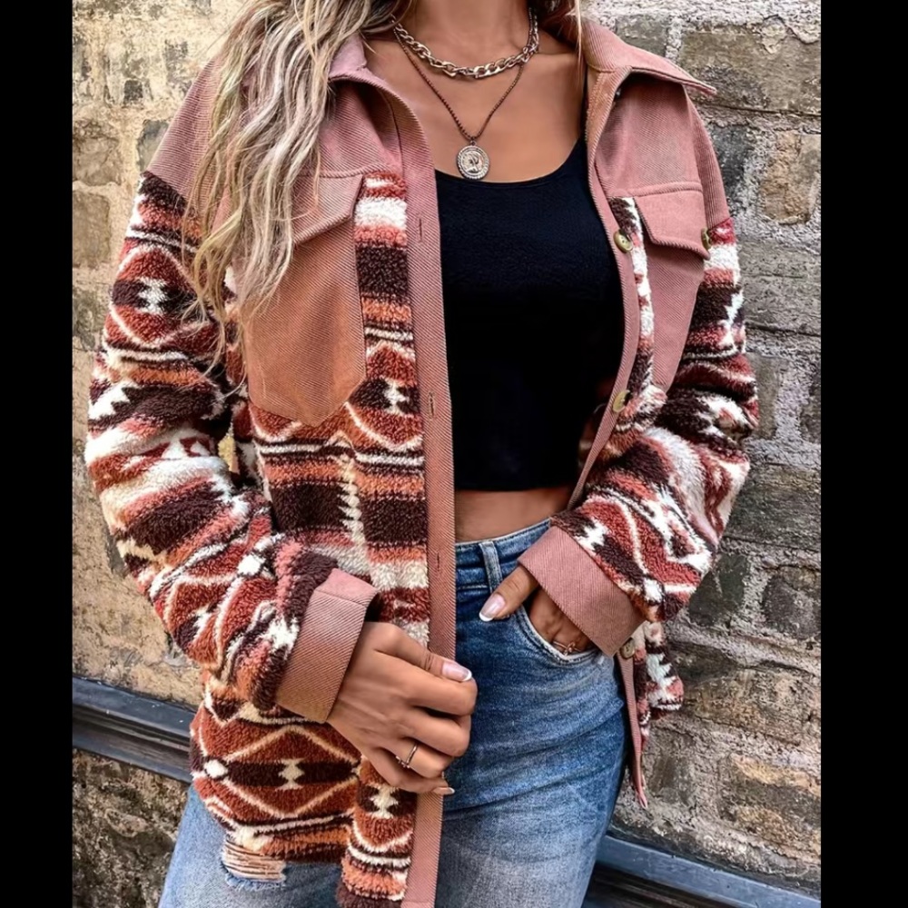 Aztec Pattern Teddy Jacket Button Front Size Medi… - image 1